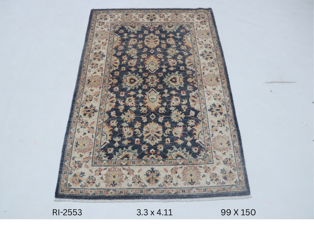 3x5 Beige and Blue Chobi Handmade Wool Cotton Floral Area Rug