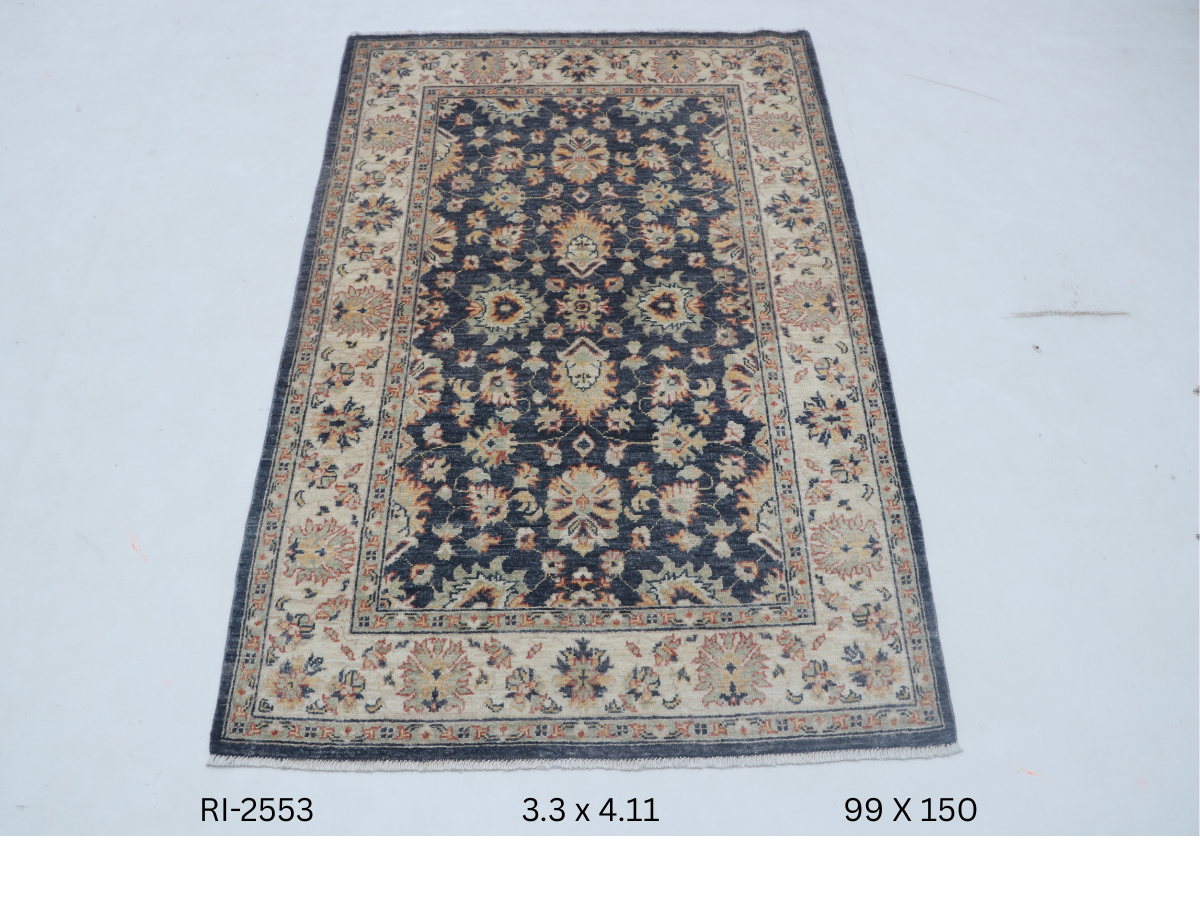 3x5 Beige and Blue Chobi Handmade Wool Cotton Floral Area Rug