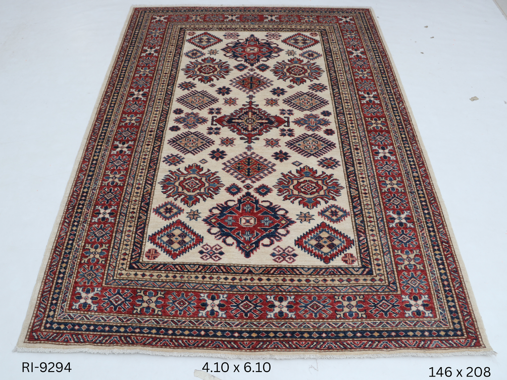 5x7 Beige and Red Super Kazak Handmade Wool Cotton Geometric Area Rug
