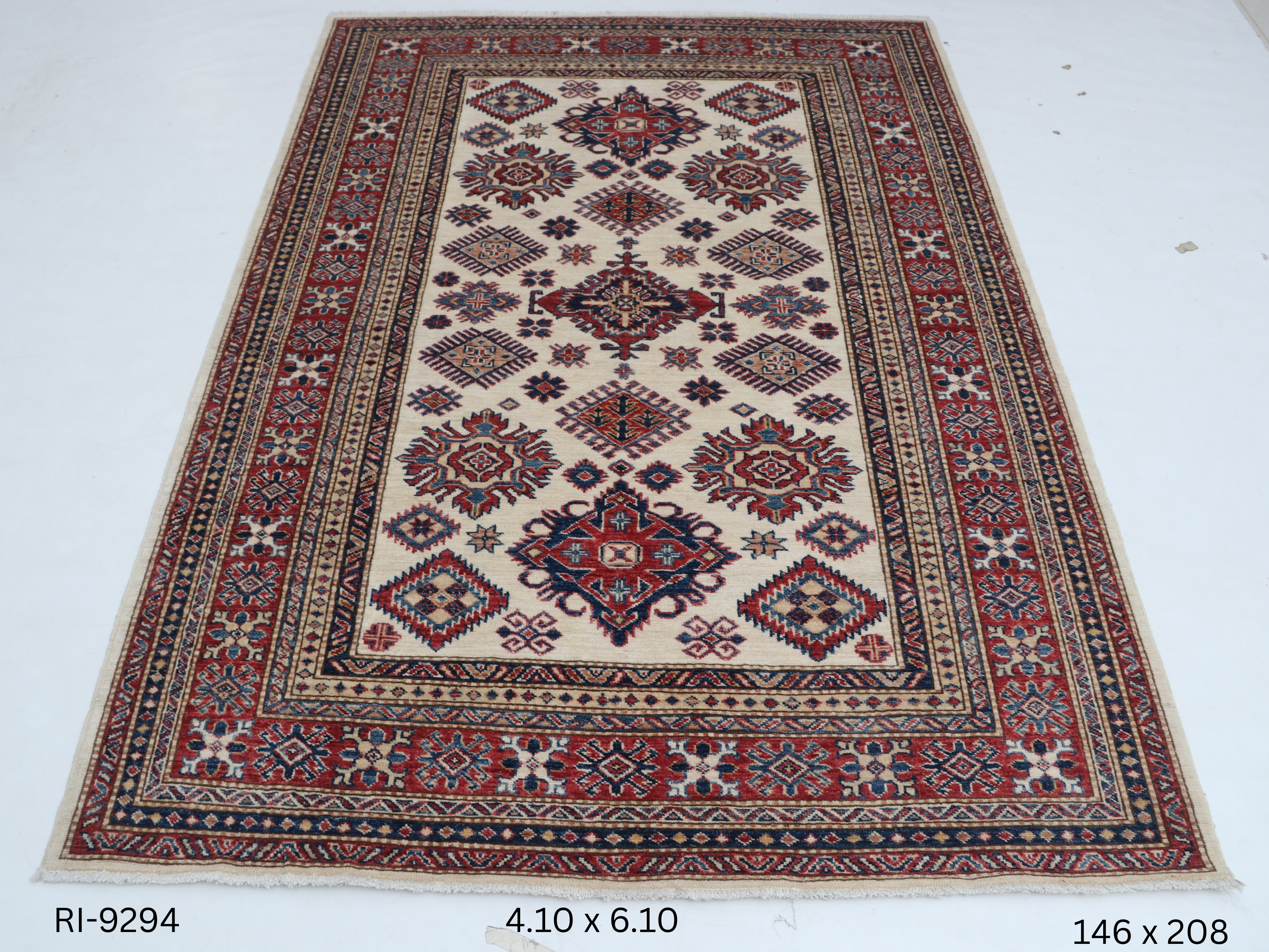 5x7 Beige and Red Super Kazak Handmade Wool Cotton Geometric Area Rug