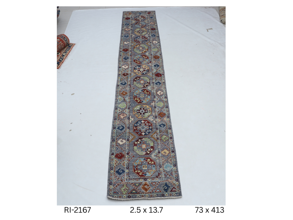 2x14 Gray Chobi Handmade Wool Cotton Floral Runner Rug