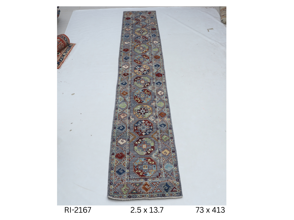 2x14 Gray Chobi Handmade Wool Cotton Floral Runner Rug