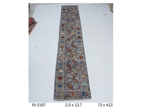 2x14 Gray Chobi Handmade Wool Cotton Floral Runner Rug