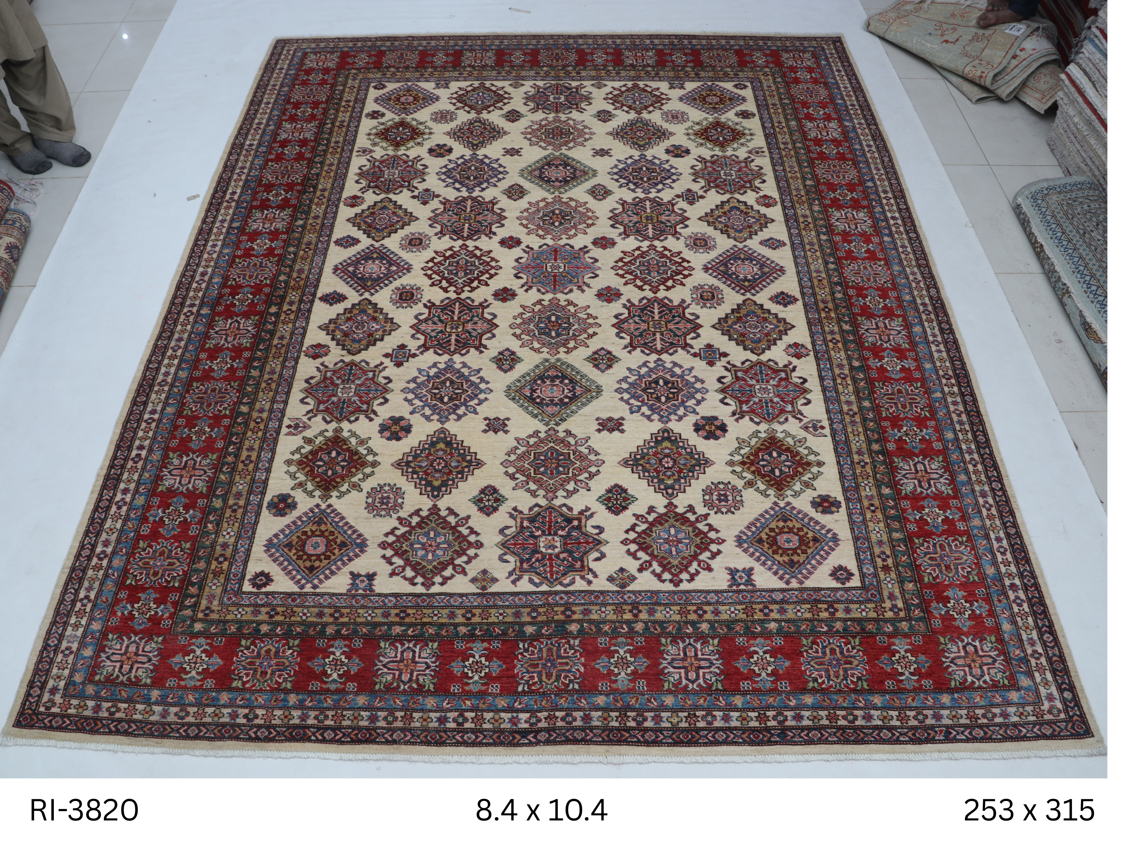 Red and beige Super Kazak handmade geometric cotton and wool rug