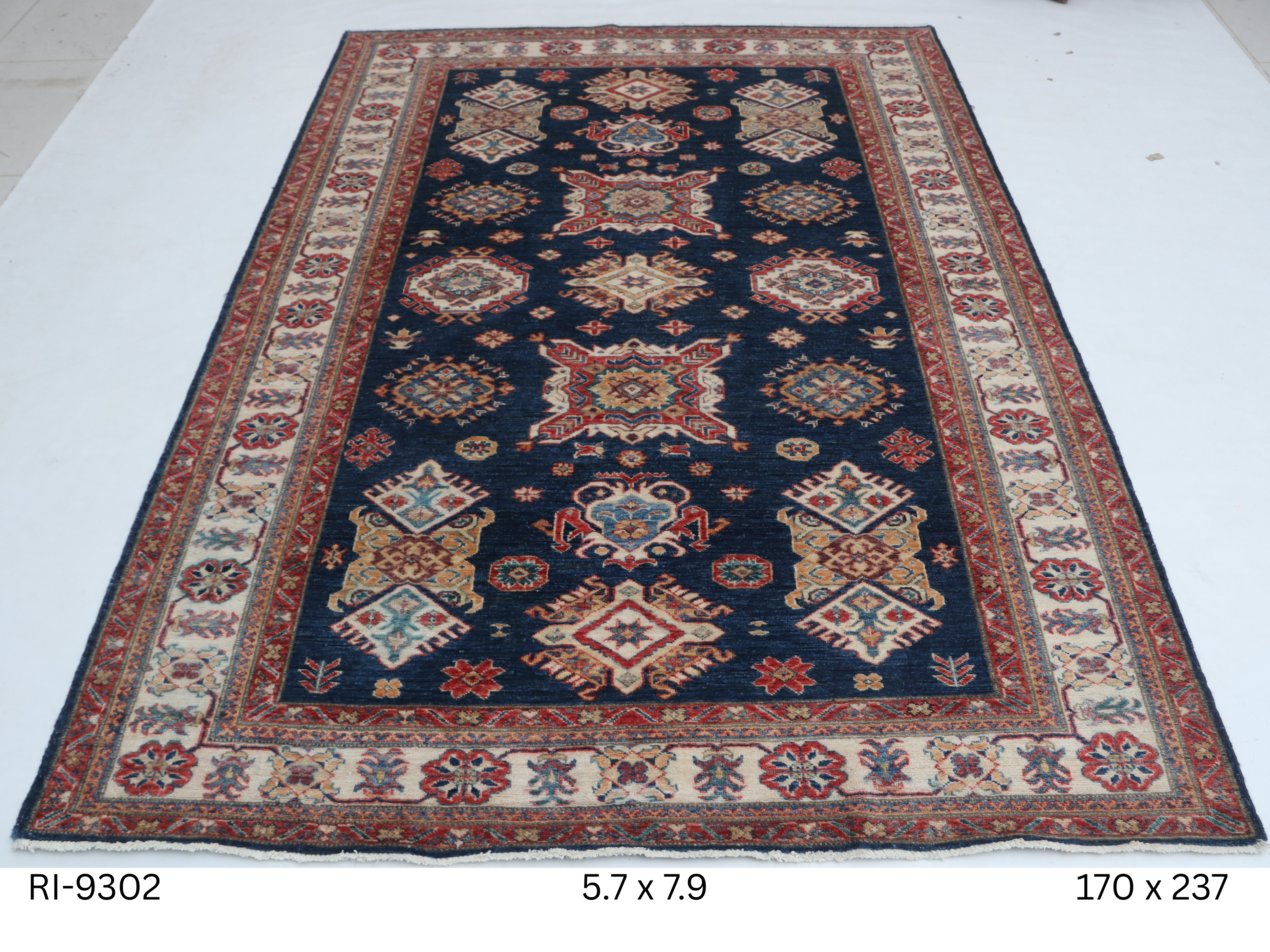 6x8 Blue and Red Super Kazak Handmade Wool Cotton Geometric Area Rug
