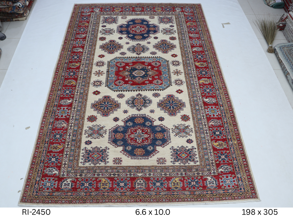 6x10 Super Kazak Handmade Cotton Wool Geometric Area Rug with Vegetable Dyeing