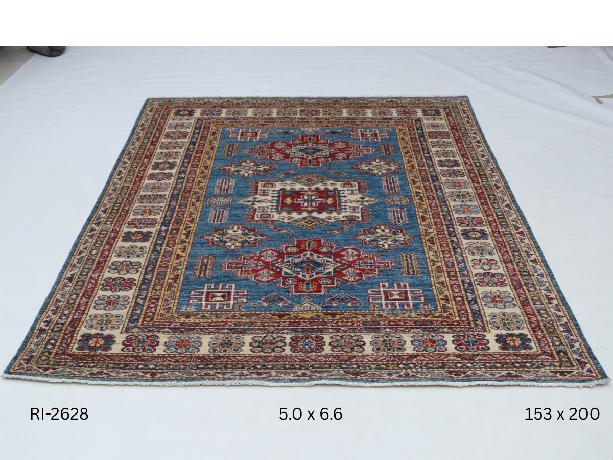 Blue and beige Super Kazak handmade geometric cotton and wool rug
