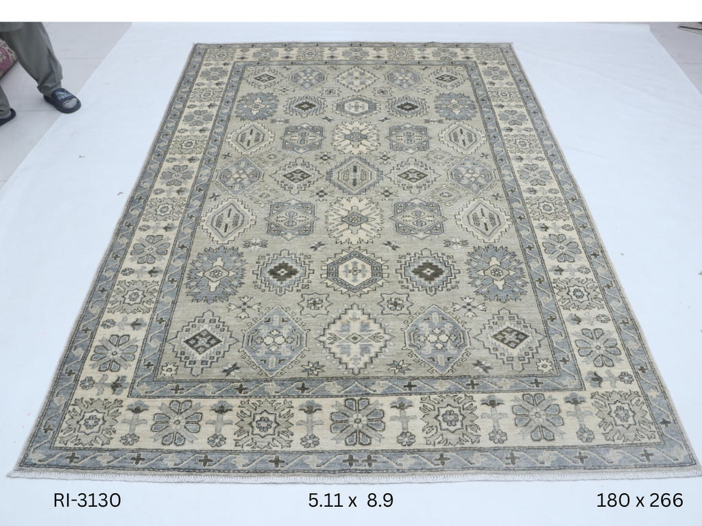 6x9 Gray and Beige Chobi Handmade Wool Cotton Floral Area Rug