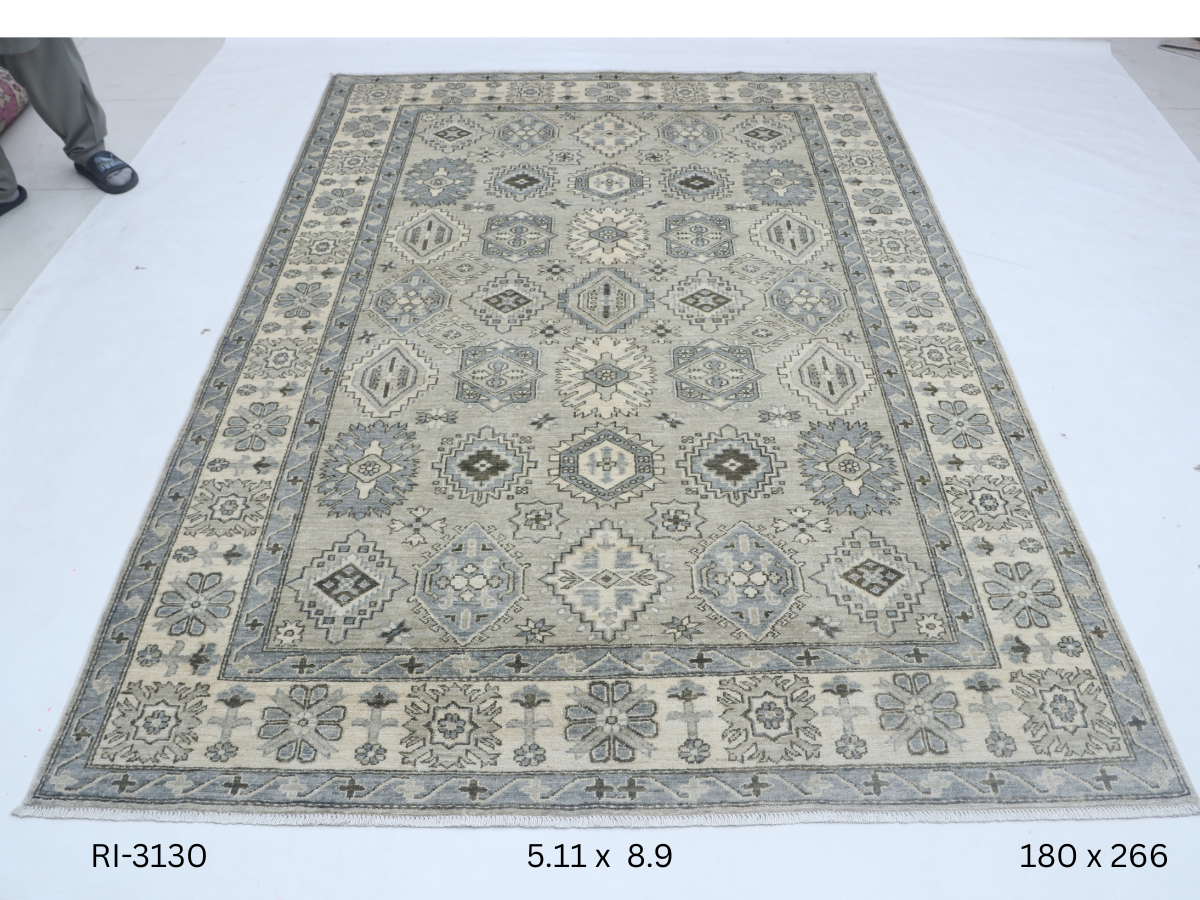 6x9 Gray and Beige Chobi Handmade Wool Cotton Floral Area Rug