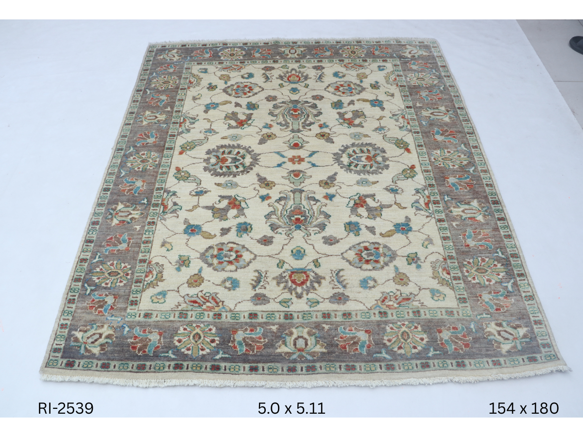 5x6 Beige & Gray Chobi Area Rug | Handmade Wool & Cotton Floral Rug | Luxury Chobi Rug