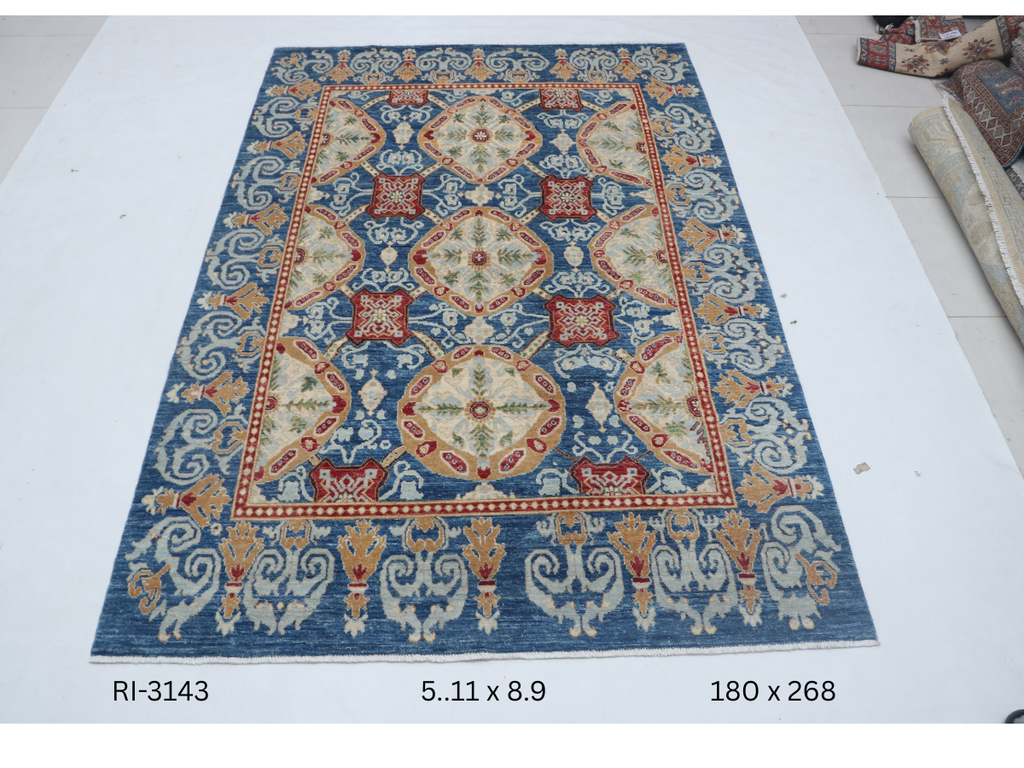 6x9 Blue Chobi Handmade Wool Cotton Floral Area Rug