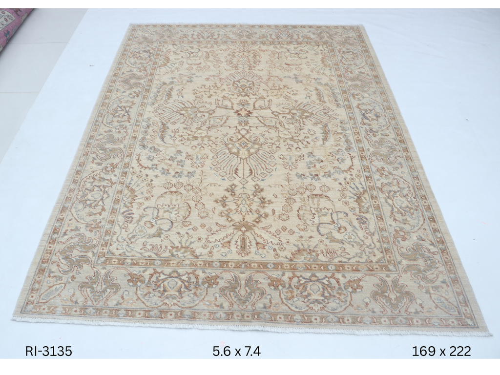 5x7 Beige Chobi Handmade Wool Cotton Floral Area Rug