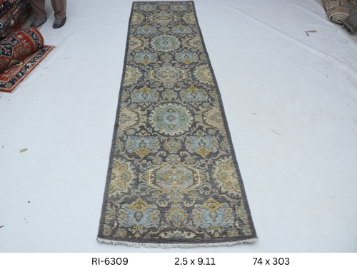 2x10 Gray Chobi Handmade Wool Cotton Floral Runner Rug with Vegetable Dyeing