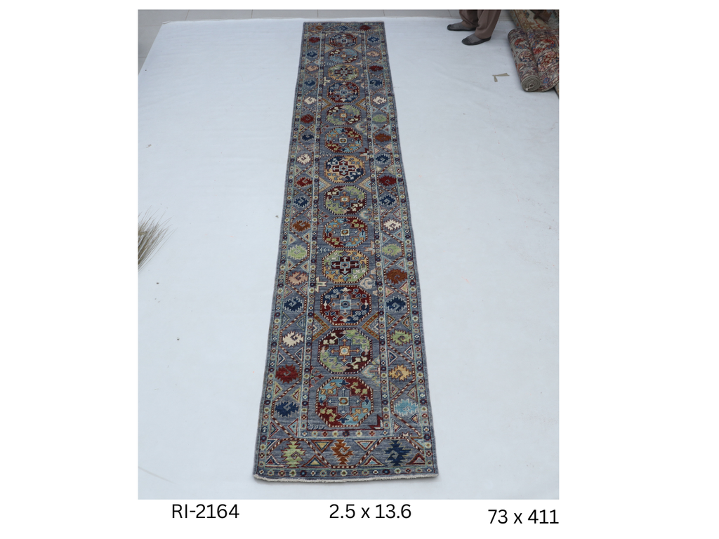 2x13 Gray Chobi Handmade Wool Cotton Floral Runner Rug