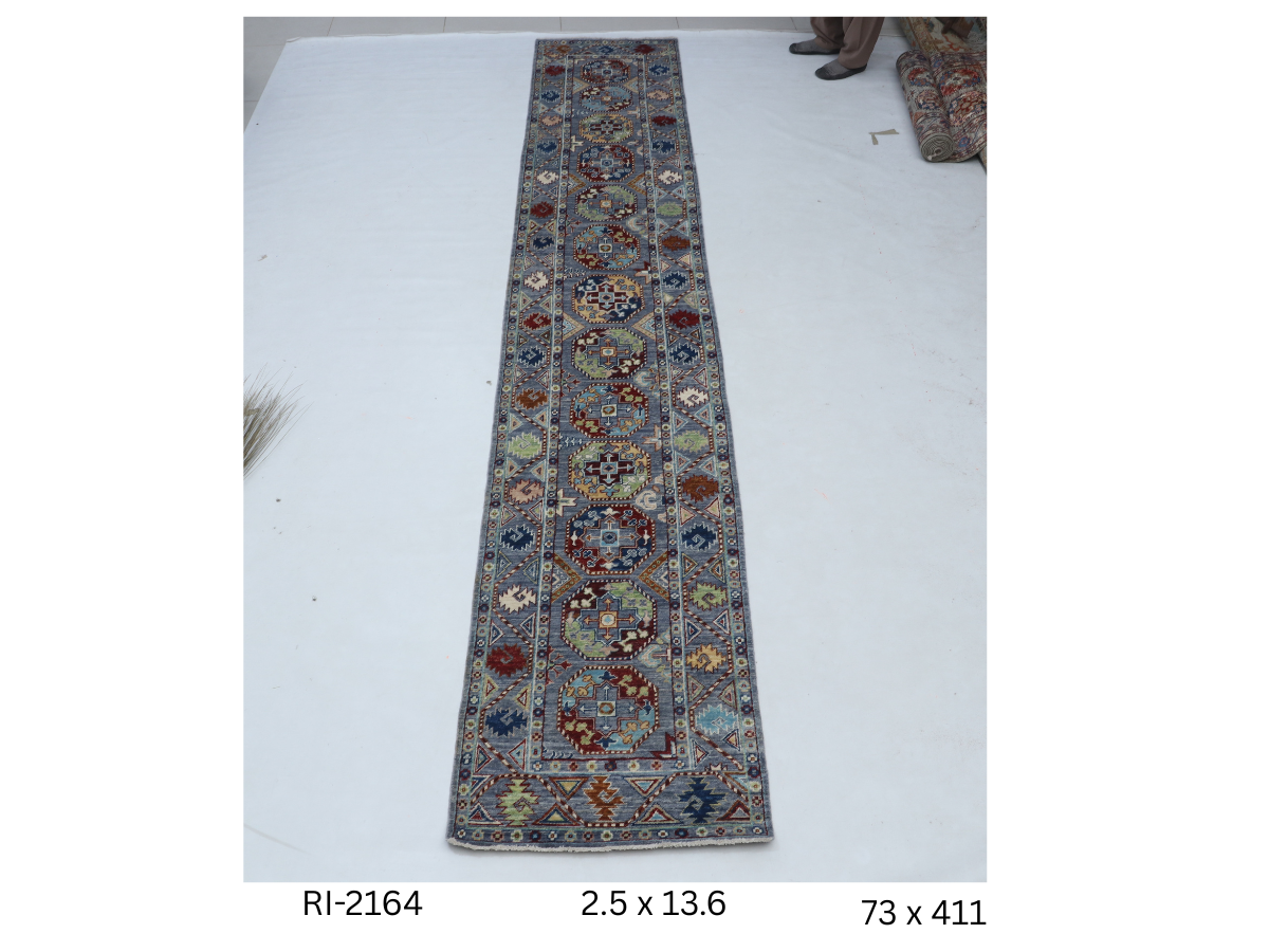 2x13 Gray Chobi Handmade Wool Cotton Floral Runner Rug