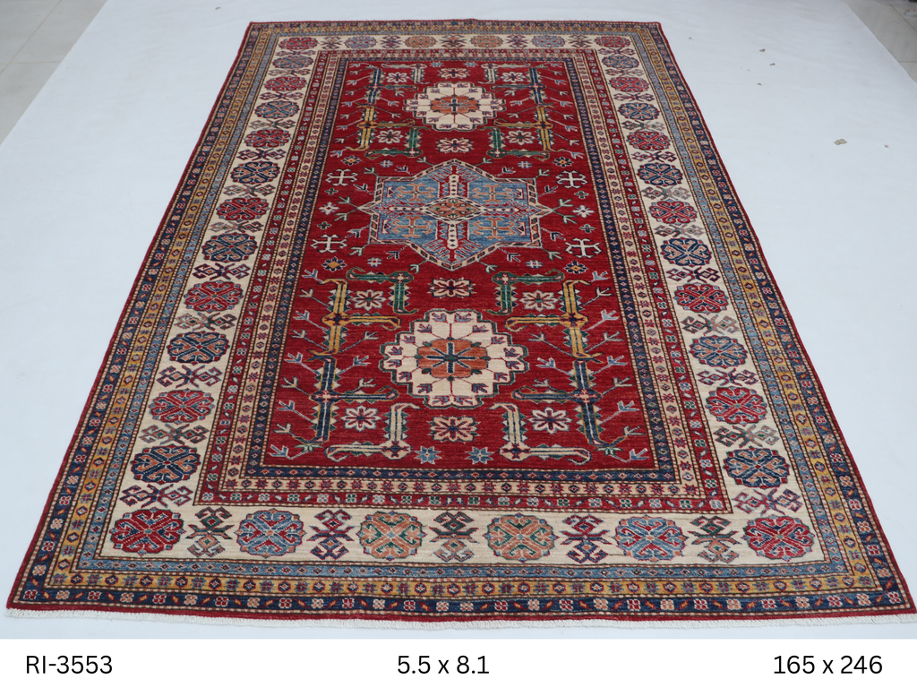 5x8 Beige and Red Super Kazak Handmade Wool Cotton Geometric Area Rug
