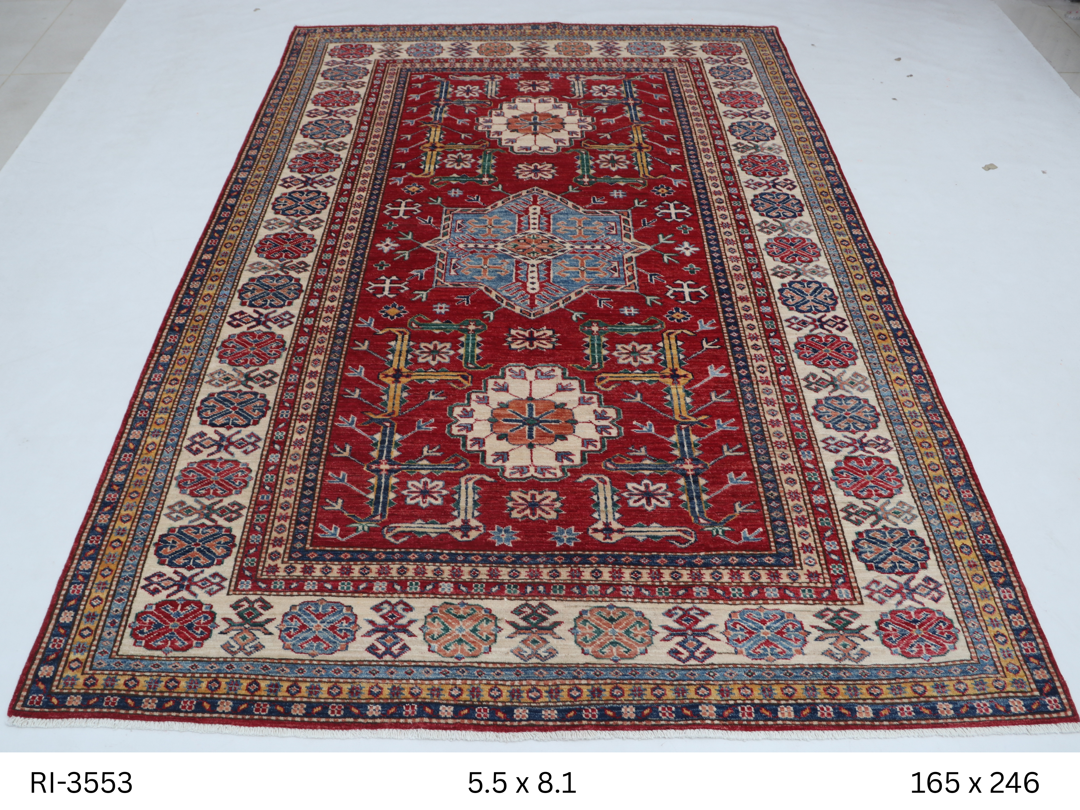 5x8 Beige and Red Super Kazak Handmade Wool Cotton Geometric Area Rug