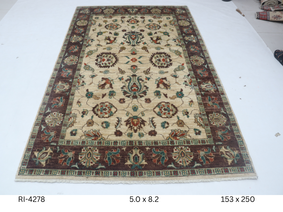 5x8 Beige and Brown Chobi Handmade Wool Cotton Floral Area Rug