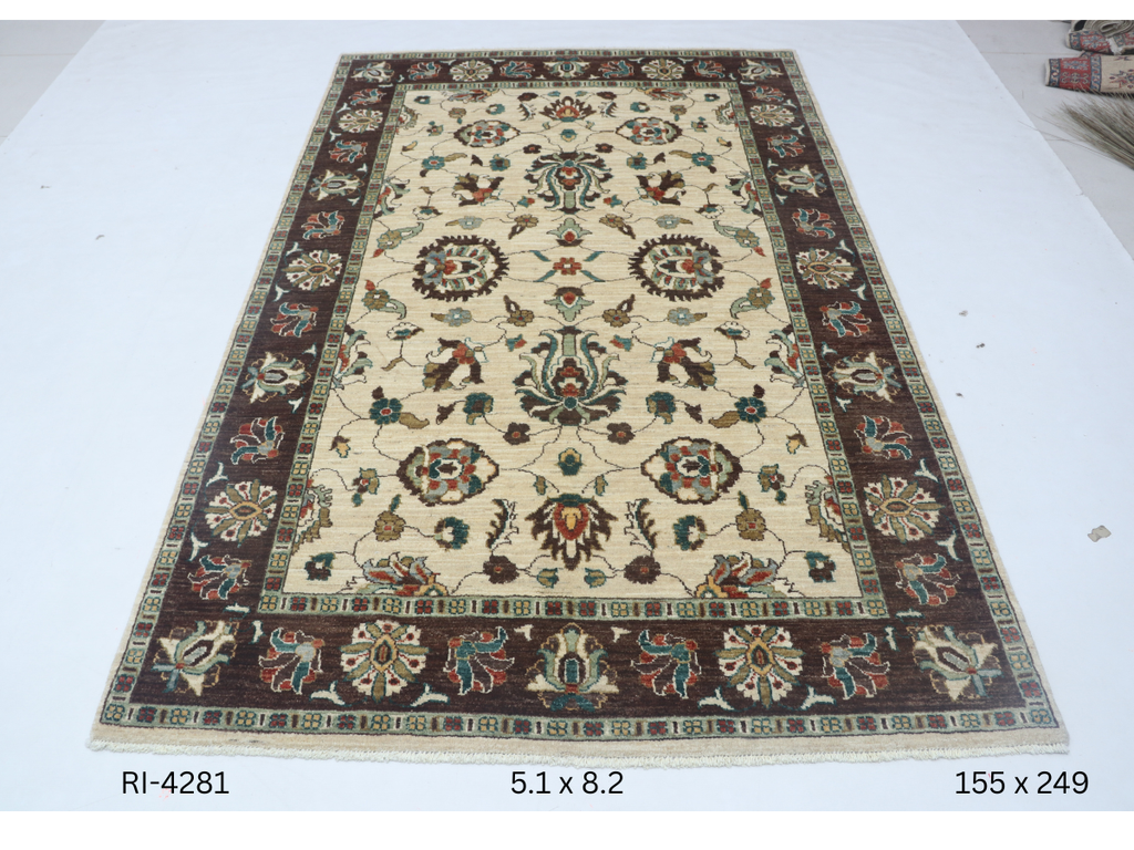 5x8 Beige and Brown Chobi Handmade Wool Cotton Floral Area Rug with Vegetable Dyeing