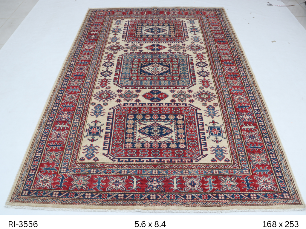 Beige and red Super Kazak handmade geometric cotton and wool rug