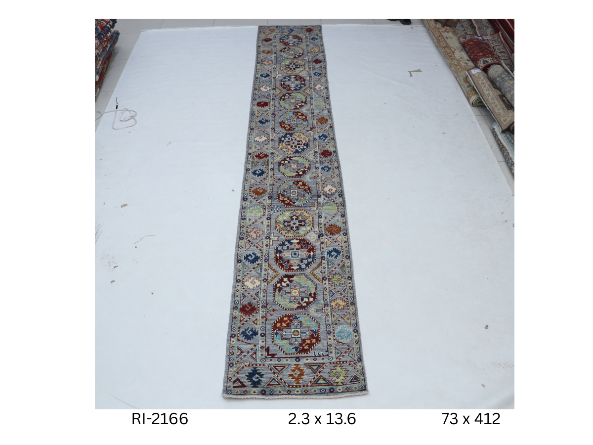 2x13 Gray Khurjeen Handmade Wool Cotton Rainbow Runner Rug