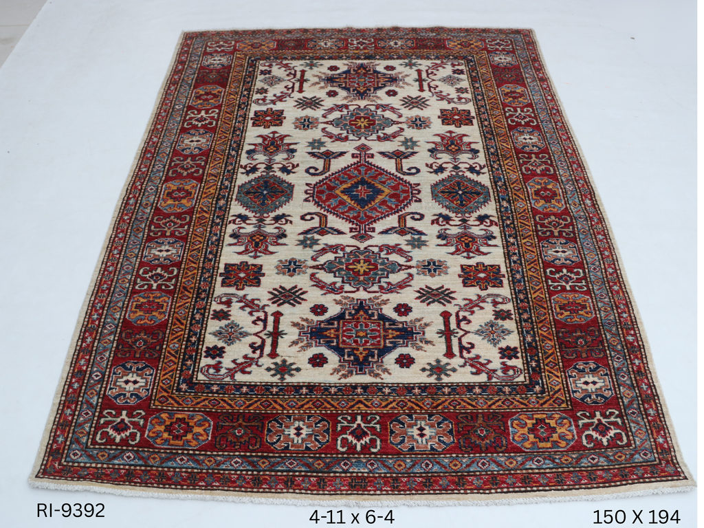 5x6 Beige and Red Super Kazak Handmade Wool Cotton Geometric Area Rug