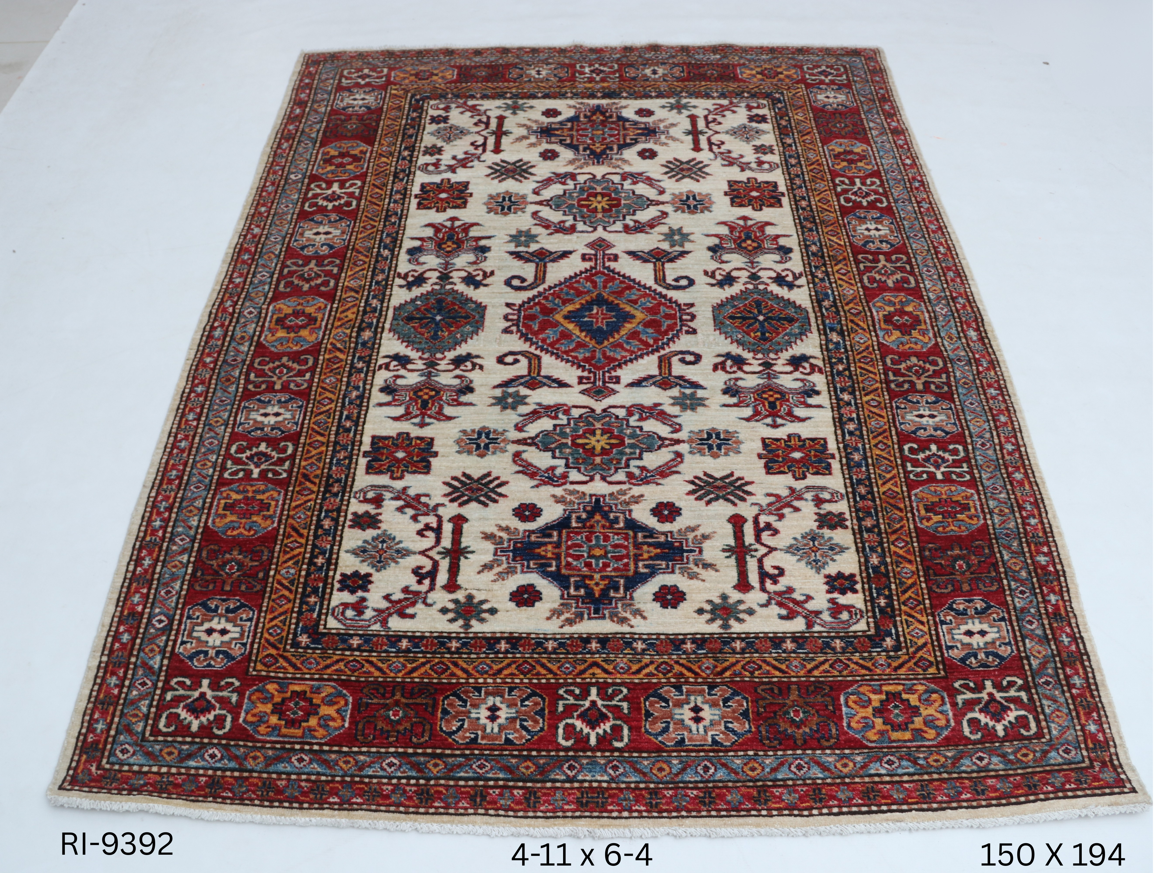 5x6 Beige and Red Super Kazak Handmade Wool Cotton Geometric Area Rug