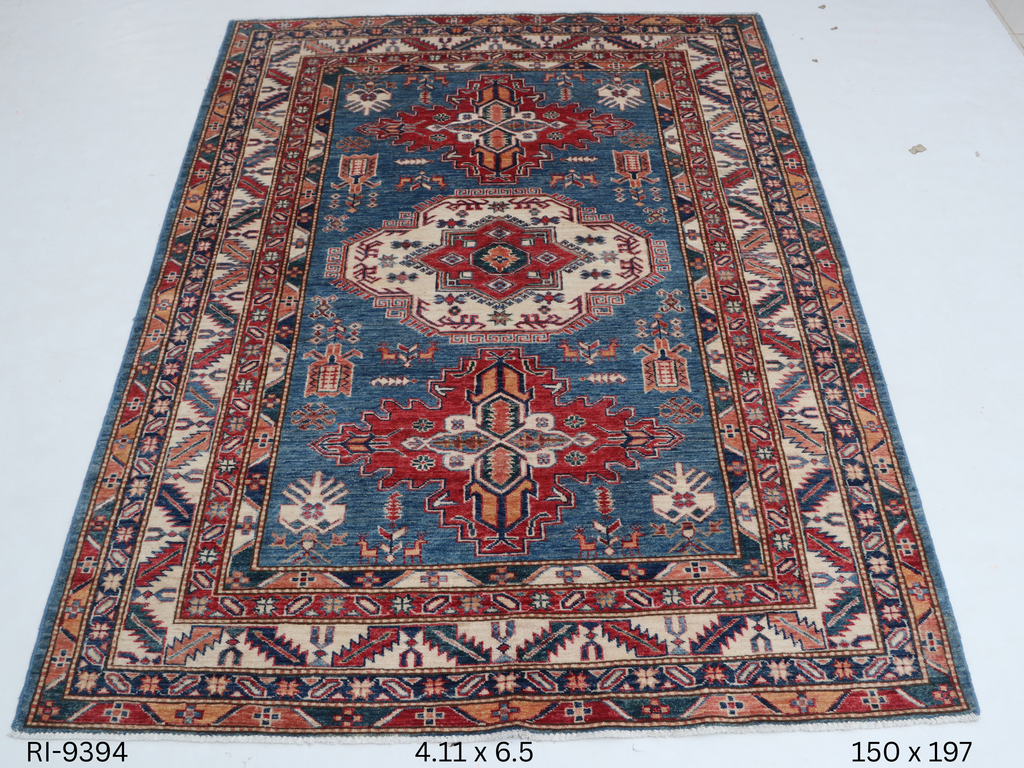 5x6 Beige and Red Super Kazak Handmade Wool Cotton Geometric Area Rug