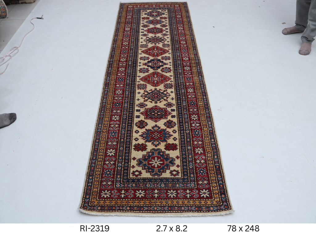 Beige and red Super Kazak handmade geometric cotton and wool runner rug