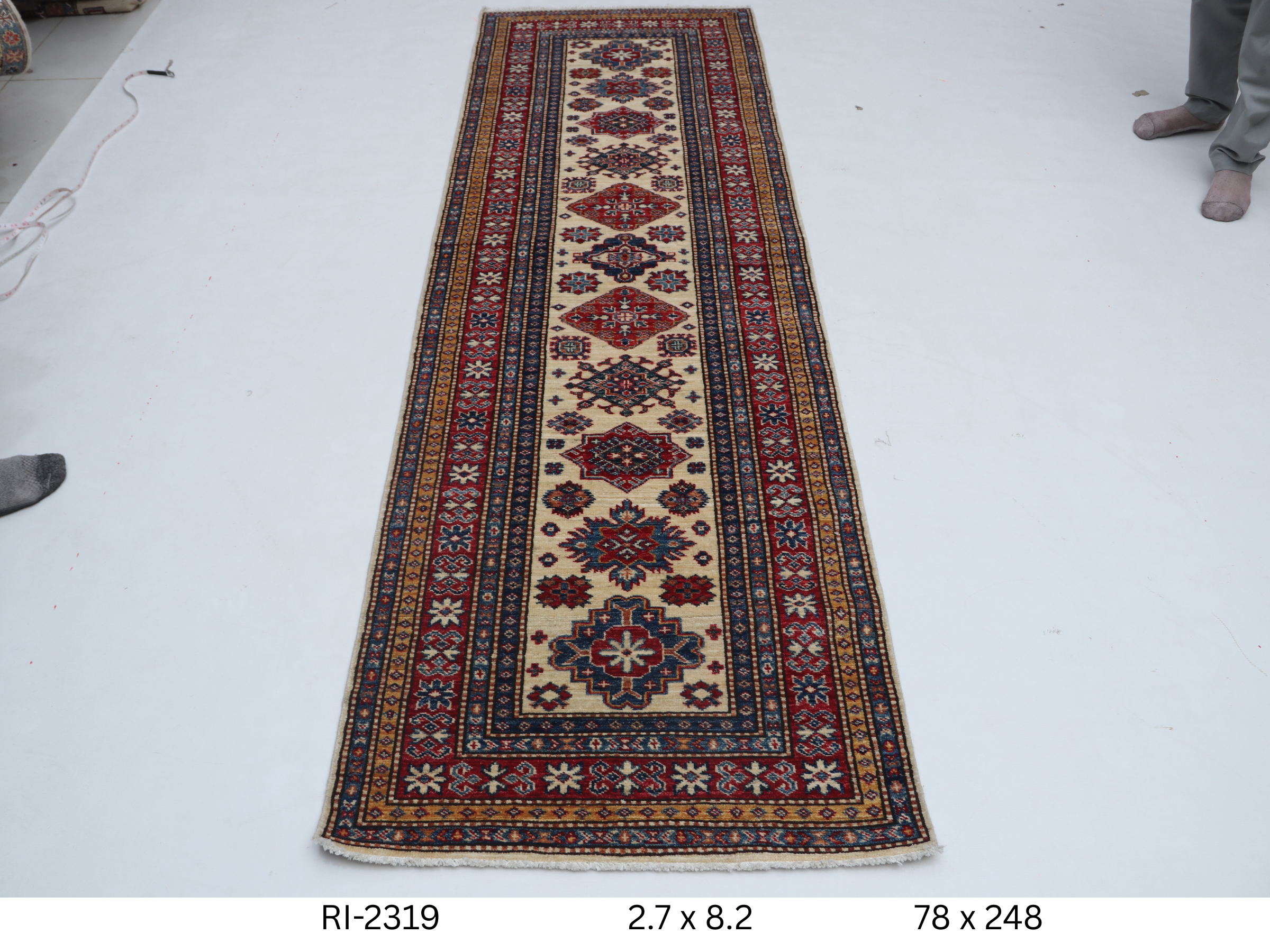 Beige and red Super Kazak handmade geometric cotton and wool runner rug