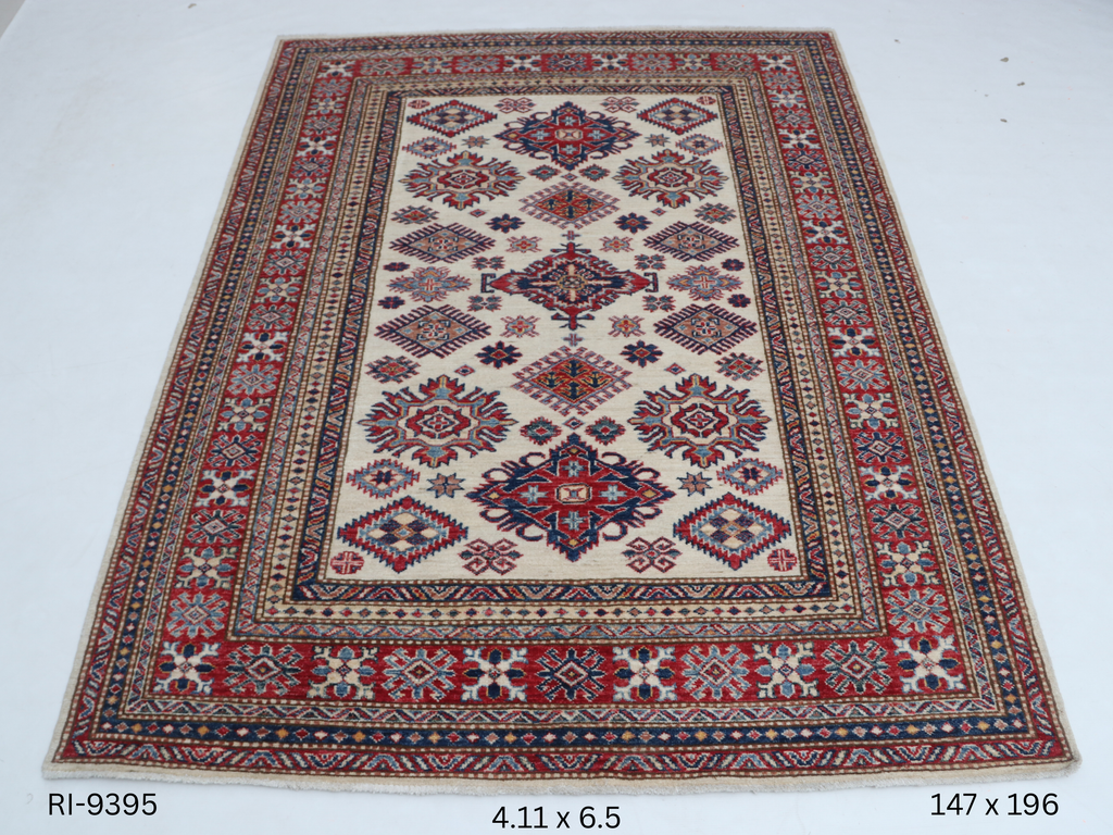 5x6 Beige and Red Super Kazak Handmade Wool Cotton Geometric Area Rug