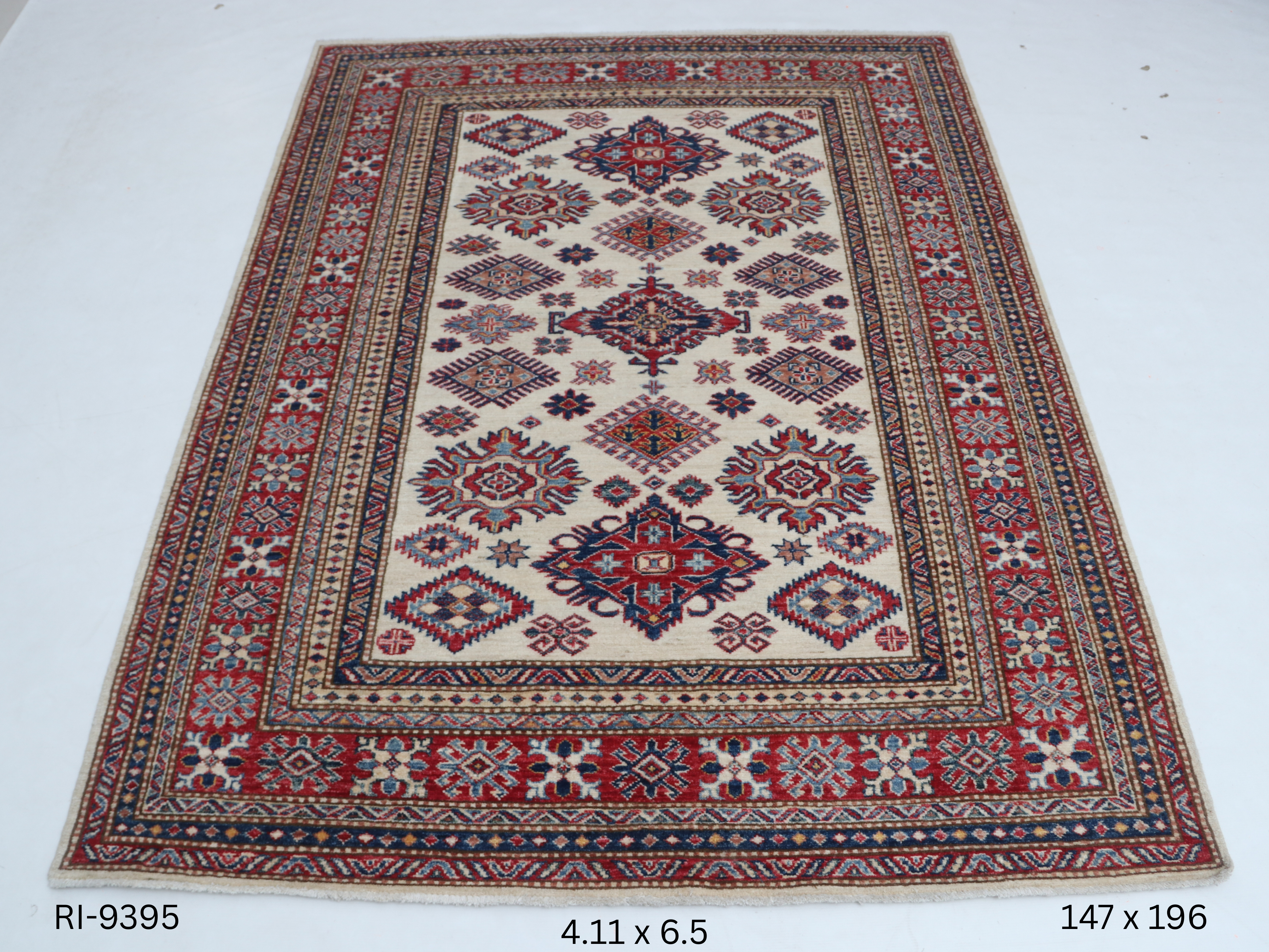 5x6 Beige and Red Super Kazak Handmade Wool Cotton Geometric Area Rug