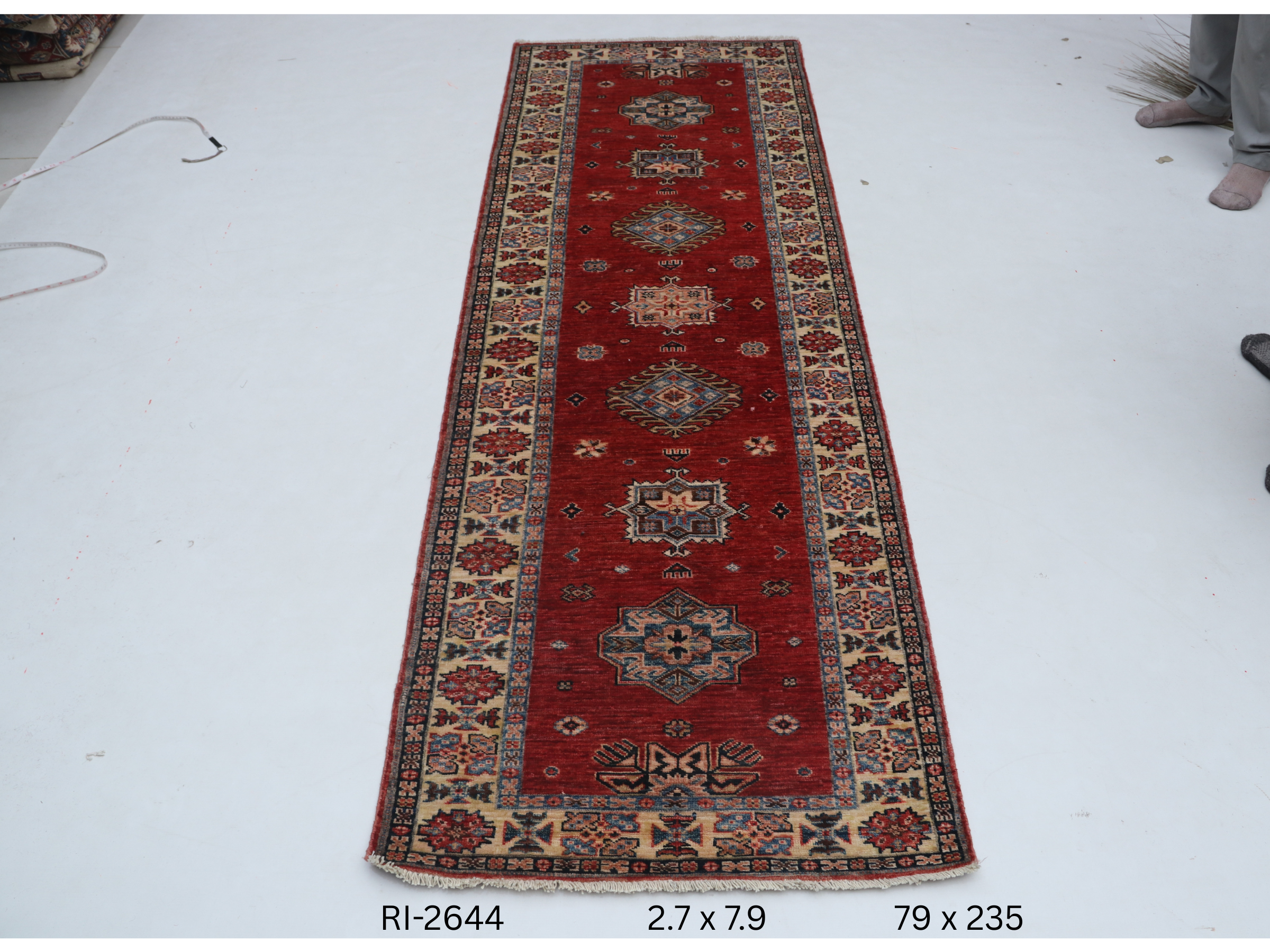 Red and beige Super Kazak handmade geometric cotton and wool runner rug