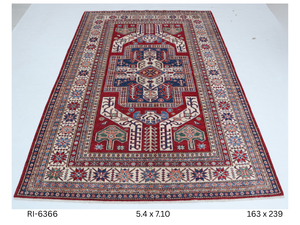 5x8 Super Kazak Handmade Cotton Wool Geometric Area Rug with Vegetable Dyeing