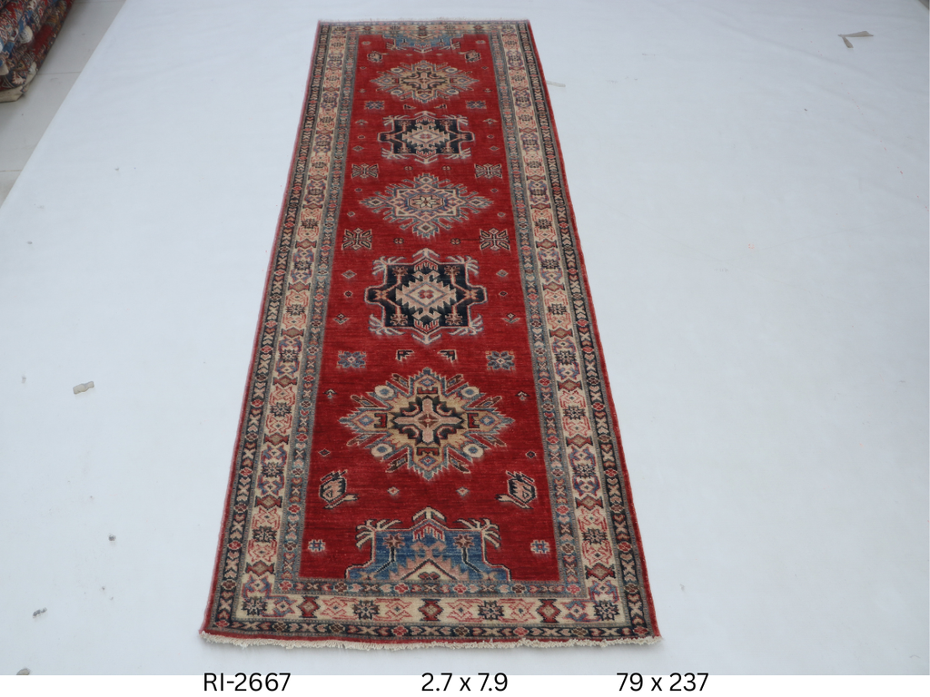 Red and beige Super Kazak handmade geometric cotton and wool runner rug
