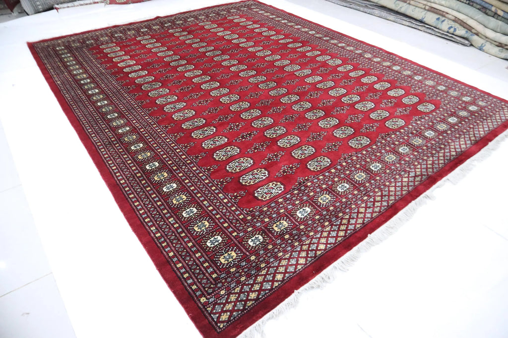 8x10 Red Mori Bokhara Geometric Area Rug | Handmade Wool & Cotton Rug | Azo Free