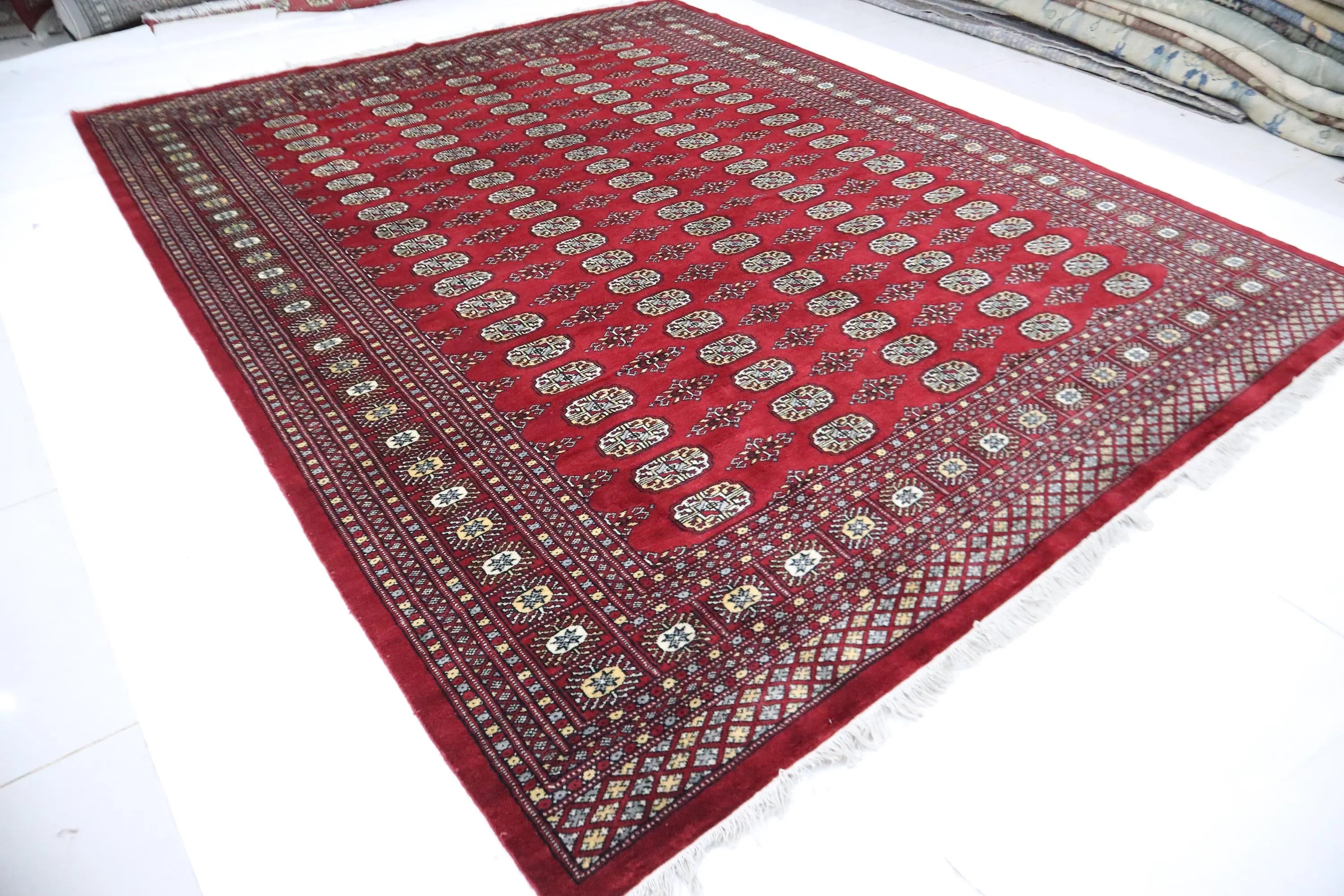 8x10 Red Mori Bokhara Geometric Area Rug | Handmade Wool & Cotton Rug | Azo Free
