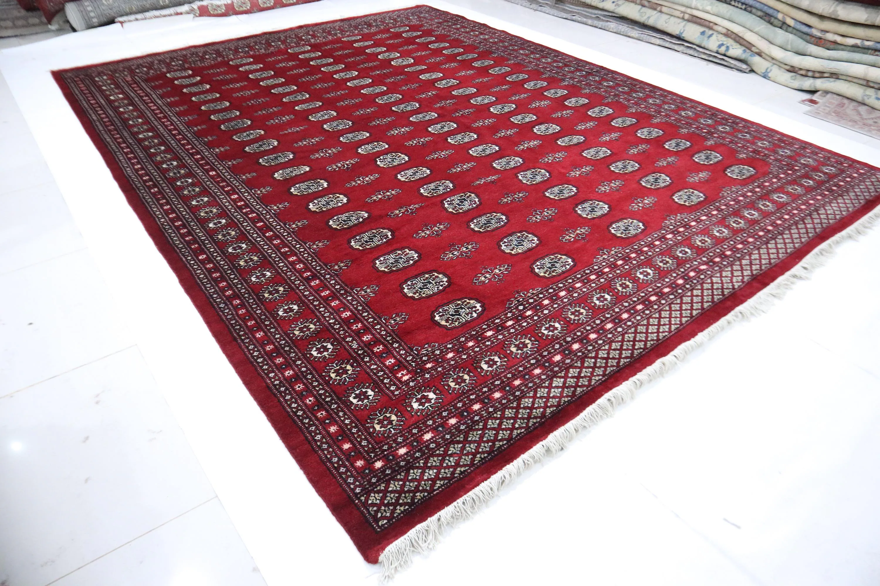 9x12 Mori Bokhara Rug | Handmade Geometric Wool & Cotton Rug | Red Azo-Free