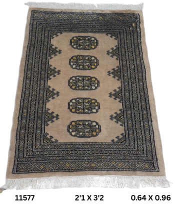 Handmade wool and cotton area rug or runner with repeated geometric Bokhara pattern displayed on floor