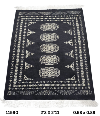 Handmade wool and cotton area rug or runner with repeated geometric Bokhara pattern displayed on floor