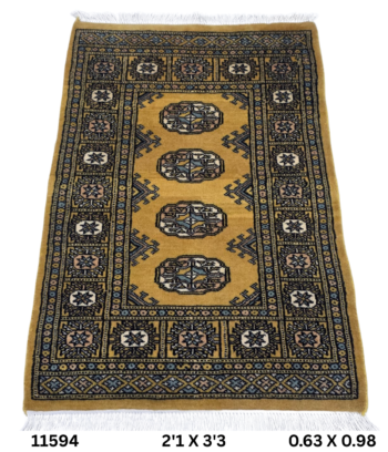 Handmade wool and cotton area rug or runner with repeated geometric Bokhara pattern displayed on floor