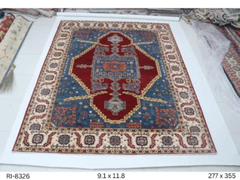Handmade wool and cotton area rug or runner with classic floral Heriz pattern displayed on floor