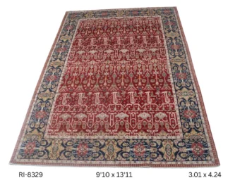Handmade wool and cotton area rug or runner with classic floral Heriz pattern displayed on floor
