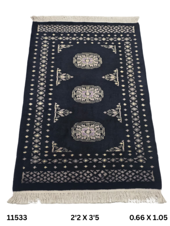 Handmade wool and cotton area rug or runner with repeated geometric Bokhara pattern displayed on floor