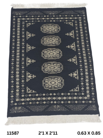 Handmade wool and cotton area rug or runner with repeated geometric Bokhara pattern displayed on floor
