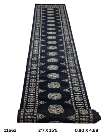 Handmade wool and cotton area rug or runner with repeated geometric Bokhara pattern displayed on floor