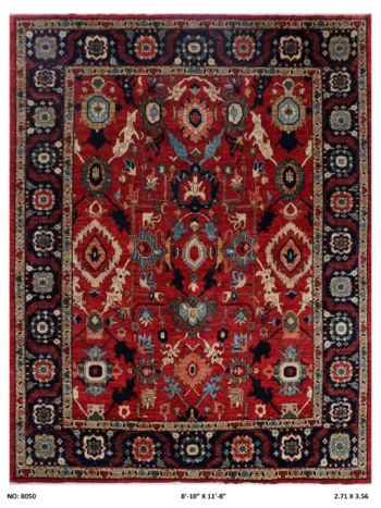 Handmade wool and cotton area rug or runner with classic floral Heriz pattern displayed on floor