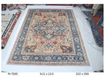 Handmade wool and cotton area rug or runner with classic floral Heriz pattern displayed on floor