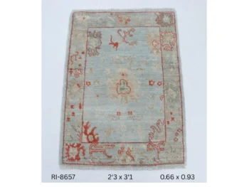 Handmade wool and cotton area rug or runner with classic floral Heriz pattern displayed on floor