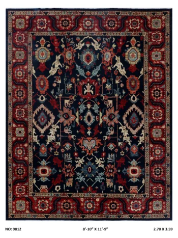Handmade wool and cotton area rug or runner with classic floral Heriz pattern displayed on floor